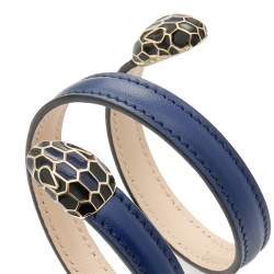 Pre Owned Bvlgari Serpenti Leather Enamel Gold Tone Metal Wrap Bracelet