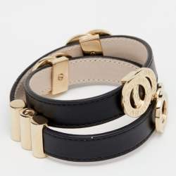 Bvlgari Black Leather Gold Tone Double Coiled Wrap Bracelet
