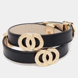 Bvlgari Black Leather Gold Tone Double Coiled Wrap Bracelet
