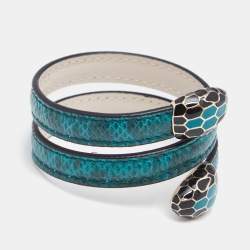 Pre Owned Bvlgari Serpenti Forever Green Snakeskin Double Wrap Bracelet