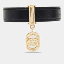 Bvlgari Black Leather Interlocking Circles Charm Open Cuff Bracelet