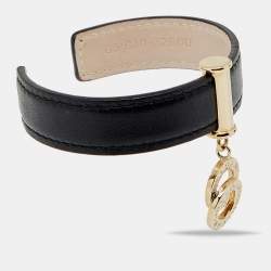 Bvlgari Black Leather Interlocking Circles Charm Open Cuff Bracelet