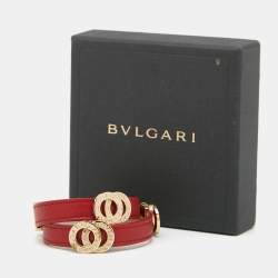Pre Owned Bvlgari Red Leather Gold Tone Double Coiled Wrap Bracelet