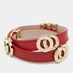 Pre Owned Bvlgari Red Leather Gold Tone Double Coiled Wrap Bracelet
