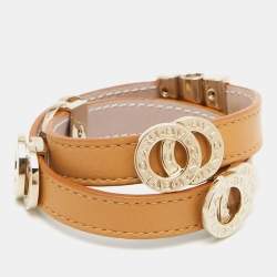 Bvlgari Tan Leather Gold Tone Double Coiled Wrap Bracelet