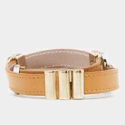 Bvlgari Tan Leather Gold Tone Double Coiled Wrap Bracelet