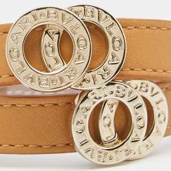 Bvlgari Tan Leather Gold Tone Double Coiled Wrap Bracelet