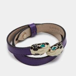 Bvlgari Serpenti Forever Purple Leather Gold Tone Double Wrap Bracelet