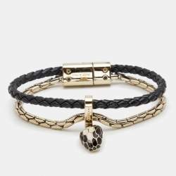 Pre Owned Bvlgari Serpenti Forever Leather Enamel Gold Tone Metal Bracelet