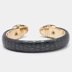 Bvlgari Serpenti Forever Black Snakeskin Leather Gold Tone Open Cuff Bracelet