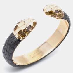 Bvlgari Serpenti Forever Black Snakeskin Leather Gold Tone Open Cuff Bracelet