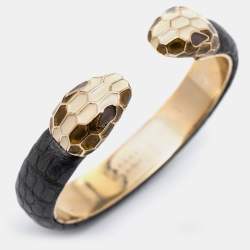 Bvlgari Serpenti Forever Black Snakeskin Leather Gold Tone Open Cuff Bracelet