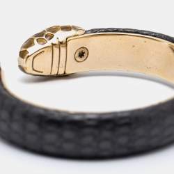 Bvlgari Serpenti Forever Black Snakeskin Leather Gold Tone Open Cuff Bracelet