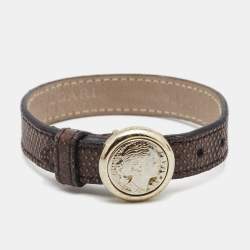 Bvlgari Brown Leather Gold Tone Monete Coin Wrap Bracelet
