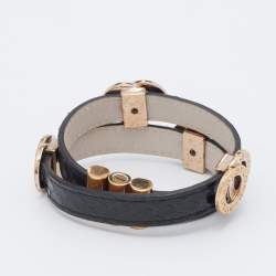 Bvlgari Black Leather Gold Tone Double Coiled Wrap Bracelet