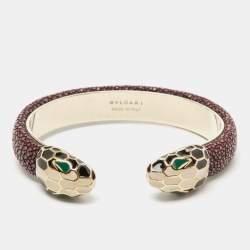 Bvlgari Serpenti Forever Galuchat Leather Gold Plated Open Cuff Bracelet