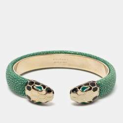Pre Owned Bvlgari Serpenti Forever Leather Enamel Gold Plated Open Cuff Bracelet