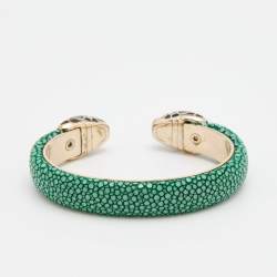 Bvlgari Serpenti Forever Gold Plated Green Galuchat Leather Cuff Bracelet