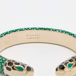 Bvlgari Serpenti Forever Gold Plated Green Galuchat Leather Cuff Bracelet
