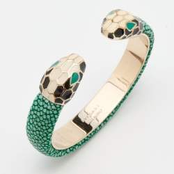 Bvlgari Serpenti Forever Gold Plated Green Galuchat Leather Cuff Bracelet