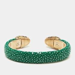 Pre Owned  Bvlgari Serpenti Forever Green Galuchat Leather Gold Tone Open Cuff Bracelet