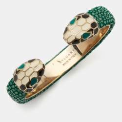 Pre Owned  Bvlgari Serpenti Forever Green Galuchat Leather Gold Tone Open Cuff Bracelet