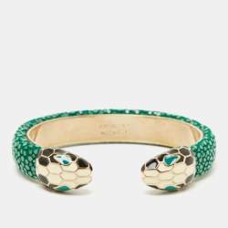 Pre Owned  Bvlgari Serpenti Forever Green Galuchat Leather Gold Tone Open Cuff Bracelet