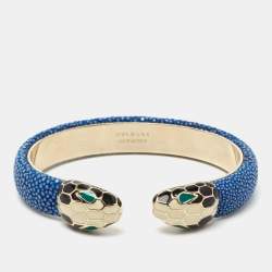 Pre Owned Bvlgari Serpenti Forever Blue Galuchat Leather Open Cuff Bracelet