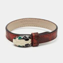 Pre Owned Bvlgari Serpenti Forever Snakeskin Leather Enamel Silver Tone Bracelet