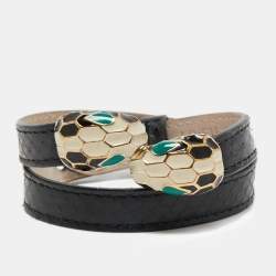 Bvlgari Serpenti Forever Enamel Snakeskin Leather Gold Tone Wrap Bracelet