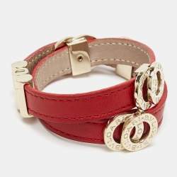 Pre Owned Bvlgari  Red Leather Double-Coiled Gold Tone Wrap Bracelet