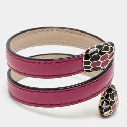 Pre Owned Bvlgari Serpenti Forever Enamel Leather Gold Tone Wrap Bracelet
