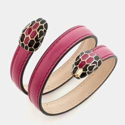 Pre Owned Bvlgari Serpenti Forever Enamel Leather Gold Tone Wrap Bracelet