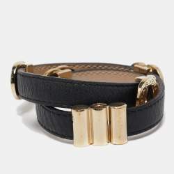 Bvlgari Black Leather Double-Coiled Gold Tone Wrap Bracelet