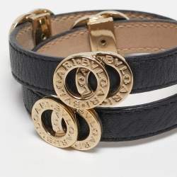Bvlgari Black Leather Double-Coiled Gold Tone Wrap Bracelet