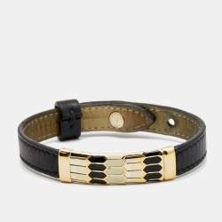 Pre Owned Bvlgari Serpenti Black Leather Enamel Gold Tone Bracelet
