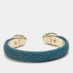 Pre Owned Bvlgari Serpenti Forever Blue Leather Open Cuff Bracelet