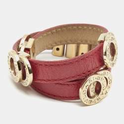Pre Owned Bvlgari Red Leather Double-Coiled Gold Tone Wrap Bracelet