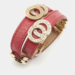 Pre Owned Bvlgari Red Leather Double-Coiled Gold Tone Wrap Bracelet