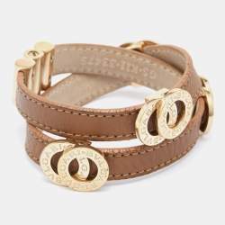 Pre Owned Bvlgari Brown Leather Gold Tone Double Wrap Bracelet