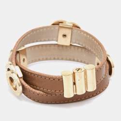 Pre Owned Bvlgari Brown Leather Gold Tone Double Wrap Bracelet