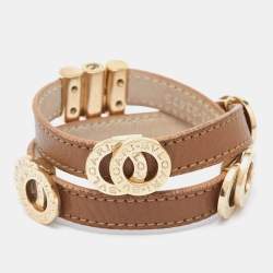 Pre Owned Bvlgari Brown Leather Gold Tone Double Wrap Bracelet