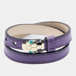 Bvlgari Serpenti Forever Enamel Purple Double Coiled Leather Gold Tone Bracelet