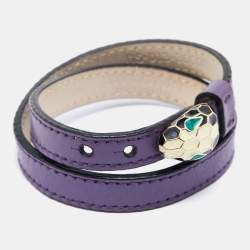Bvlgari Serpenti Forever Enamel Purple Double Coiled Leather Gold Tone Bracelet