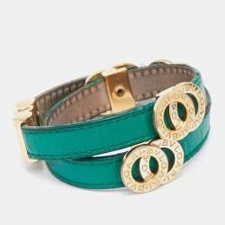 Pre Owned Bvlgari Green Leather Gold Tone Double Wrap Bracelet