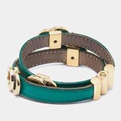 Pre Owned Bvlgari Green Leather Gold Tone Double Wrap Bracelet
