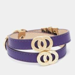 Bvlgari Purple Leather Gold Tone Double Wrap Bracelet