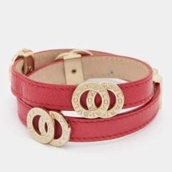Pre Owned Bvlgari Red Leather Gold Tone Double Coiled Wrap Bracelet
