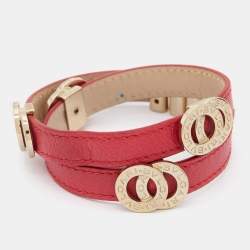 Pre Owned Bvlgari Red Leather Gold Tone Double Coiled Wrap Bracelet