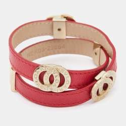 Pre Owned Bvlgari Red Leather Gold Tone Double Coiled Wrap Bracelet